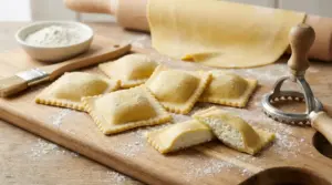Ravioli freschi con ripieno cremoso su un tagliere di legno, con attrezzi da cucina e farina