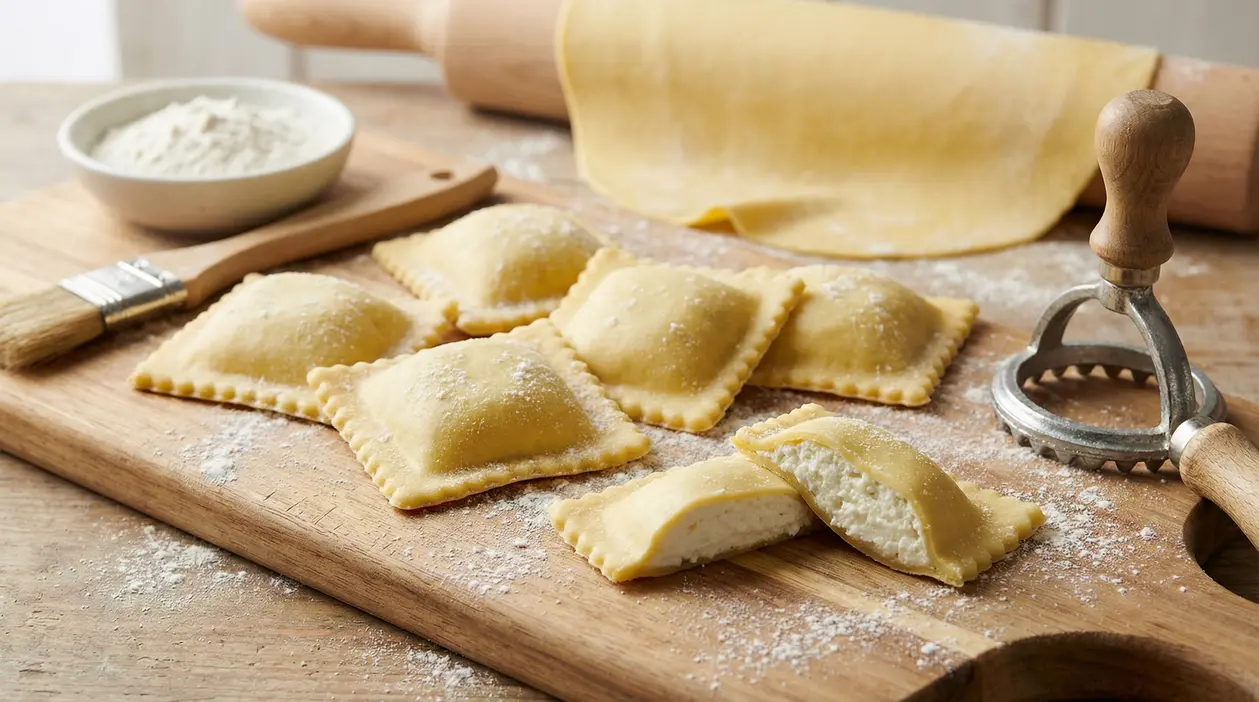 Ravioli freschi con ripieno cremoso su un tagliere di legno, con attrezzi da cucina e farina