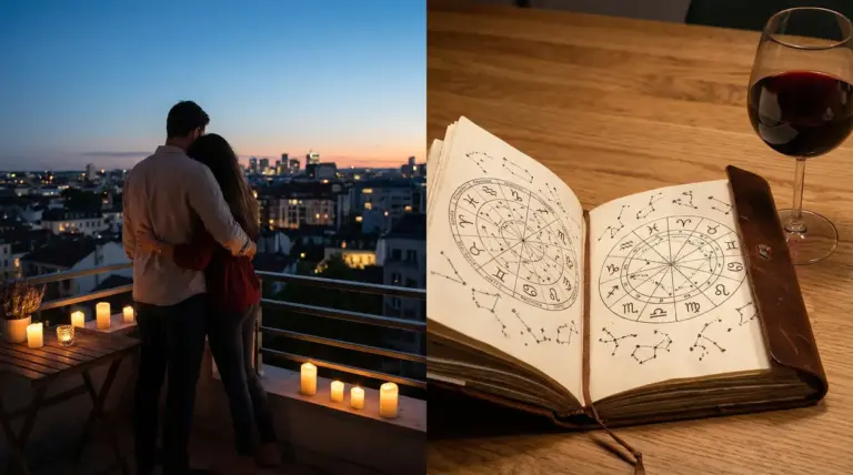 Coppia abbracciata al tramonto su un balcone e un libro aperto con simboli zodiacali