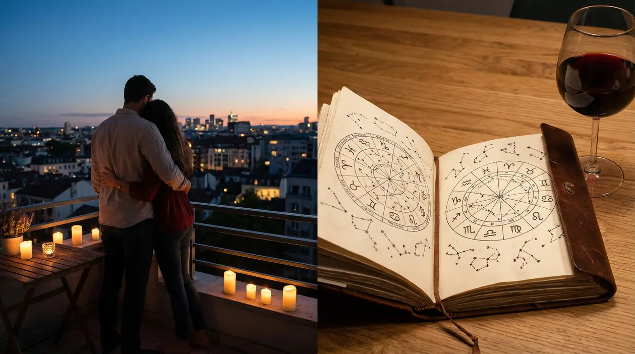 Coppia abbracciata al tramonto su un balcone e un libro aperto con simboli zodiacali