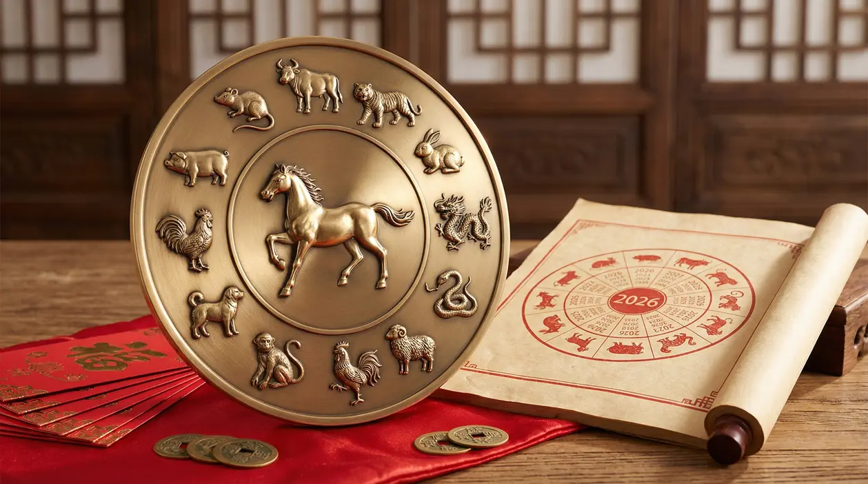 Rappresentazione del calendario zodiacale cinese con i dodici animali e un rotolo con l'anno 2026 evidenziato