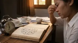 Persona stanca seduta a un tavolo con un libro di astrologia e una sveglia