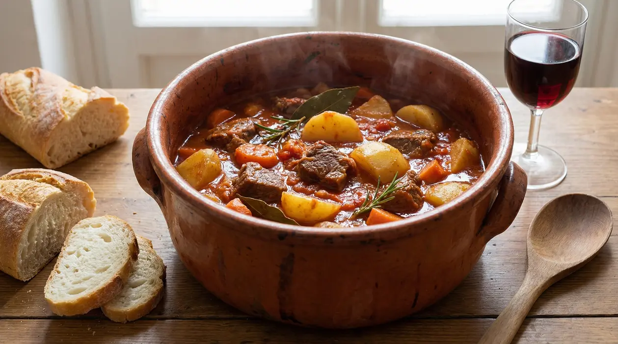 Spezzatino di manzo con patate servito in una pentola di terracotta su tavolo rustico