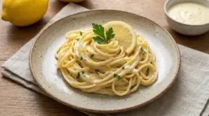 Piatto di tagliolini al limone e panna, guarnito con scorza di limone e prezzemolo