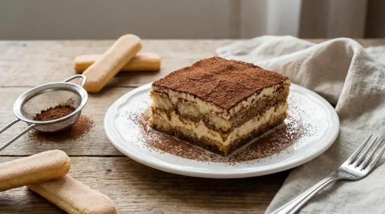 Fetta di tiramisù su piatto bianco con cacao in polvere e savoiardi sul tavolo