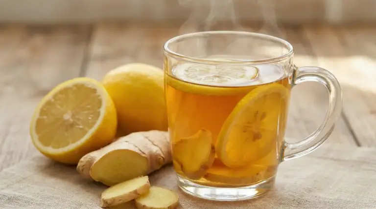 Tisana calda con fette di limone e zenzero fresco su tavolo di legno