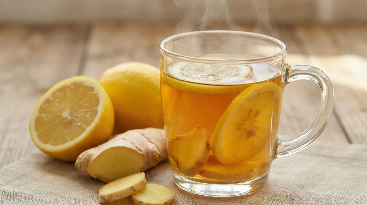 Tisana calda con fette di limone e zenzero fresco su tavolo di legno