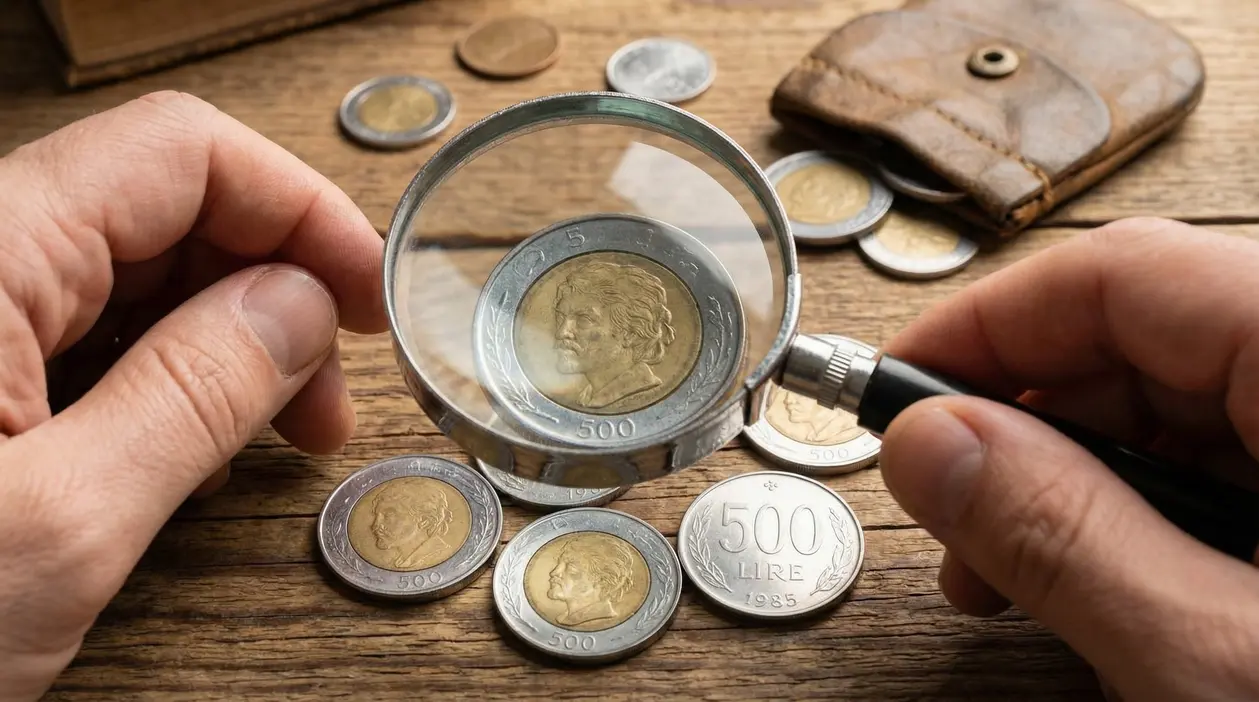 Mani che esaminano una moneta da 500 lire con una lente d'ingrandimento su un tavolo di legno