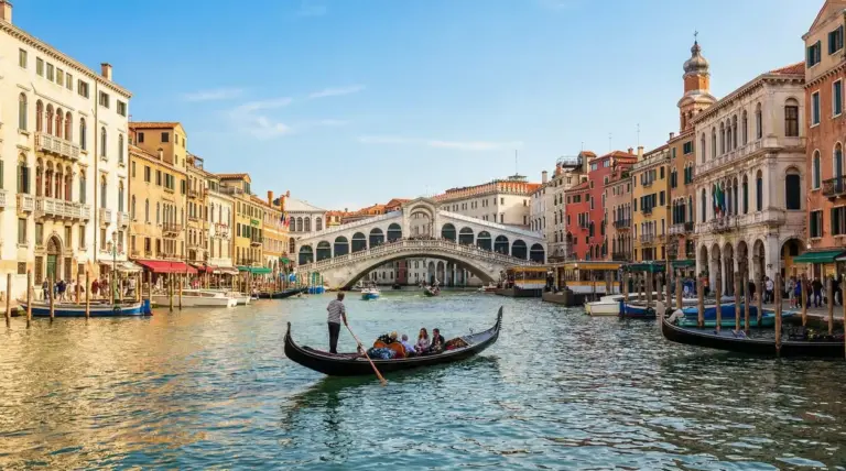 Gondola sul Canal Grande con vista sul Ponte di Rialto a Venezia